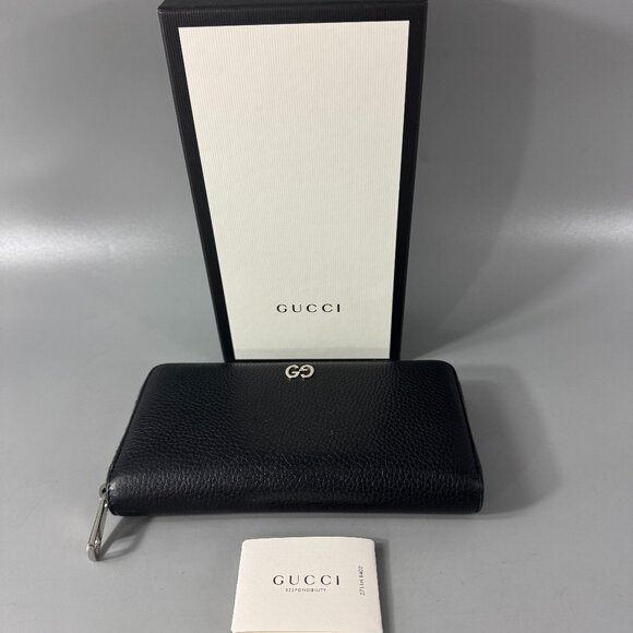 Authentic GUCCI GG Black Leather Round Zip Wallet - Picture 1 of 14